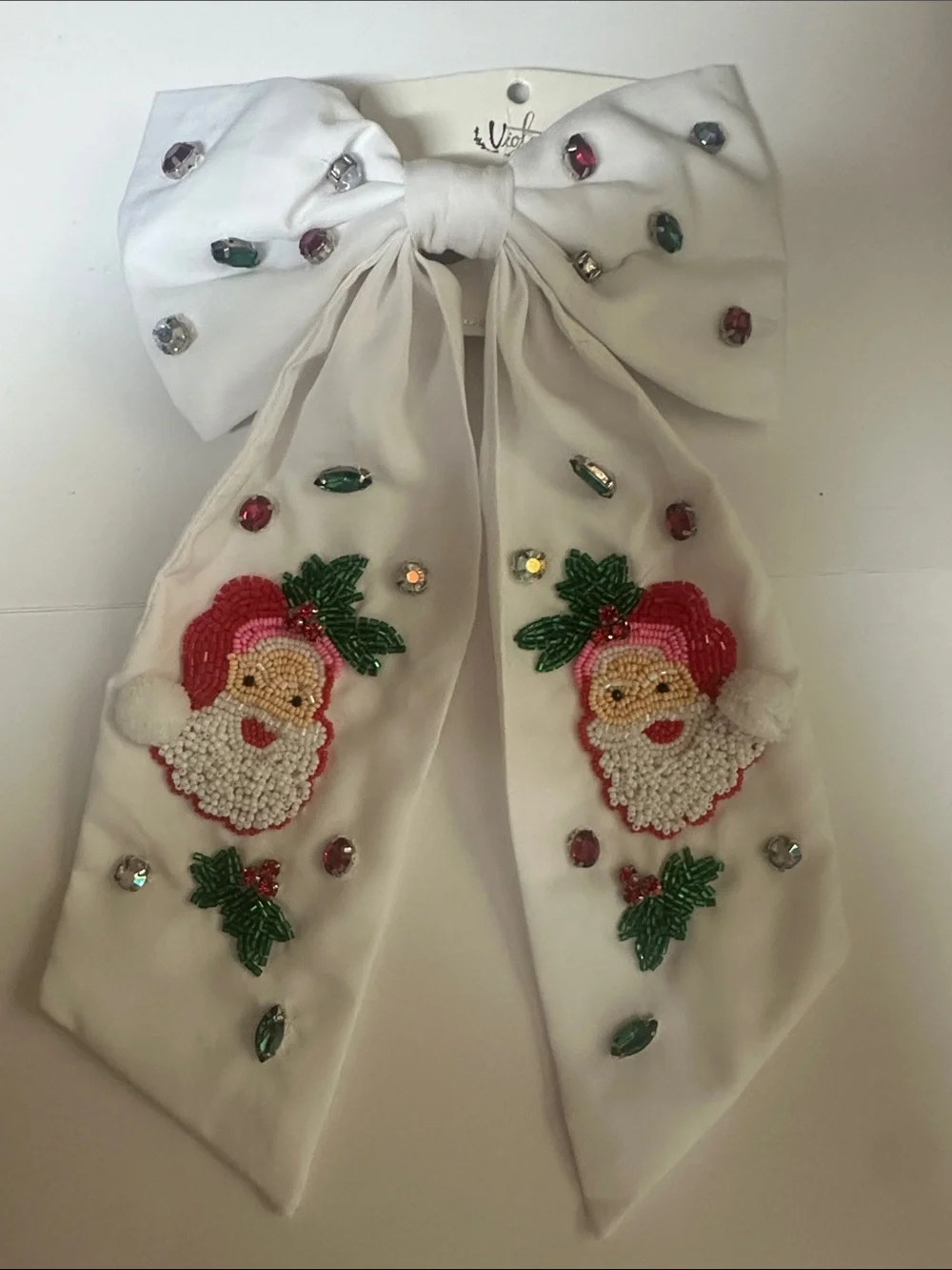 Holiday Santa Bow Hair Accessory - White with Multicolor Embellishments